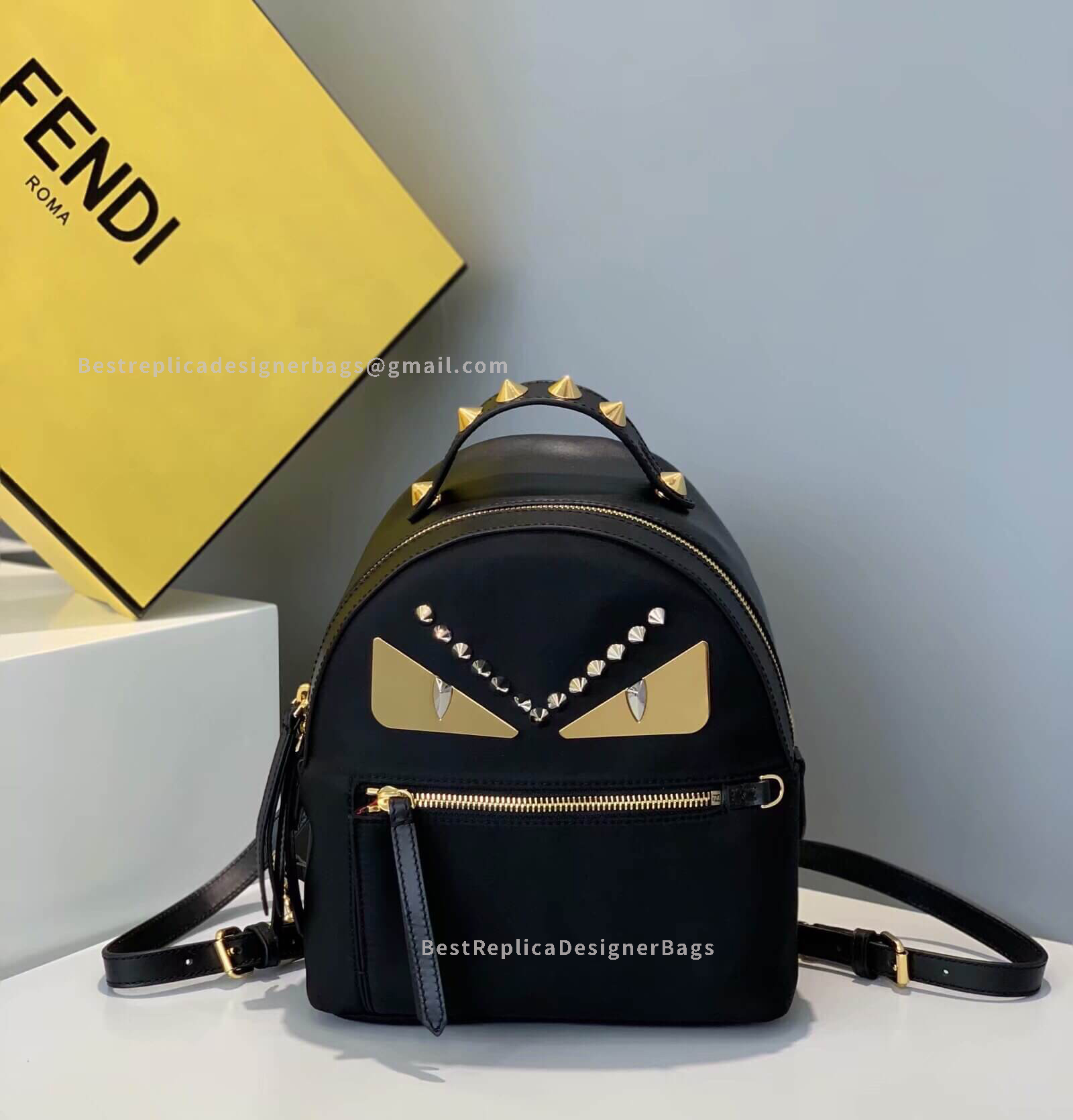 Fendi Mini Black Nylon And Leather Studs Backpack 2357
